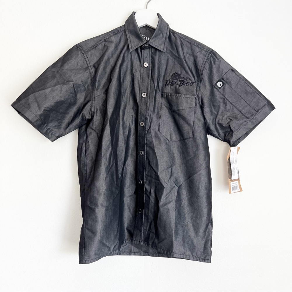 NWT Del Taco Chef Work Urban Collection Metallic Gray Button Short Sleeve Top XS